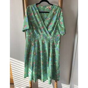 Timeless London Womens Green Bird Print V-Neck Short Sleeve A-Line Dress 12